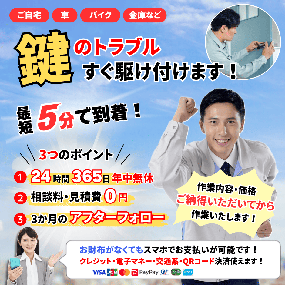 鍵のトラブル24時間365日最短5分で到着、3か月のアフターフォローあり